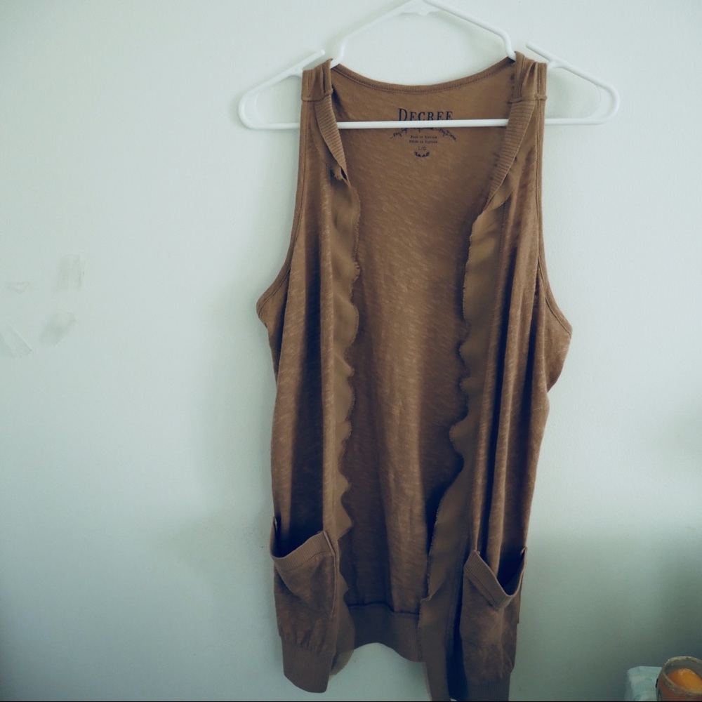 Decree Beige and Tan Ruffled Caridgan with Pockets